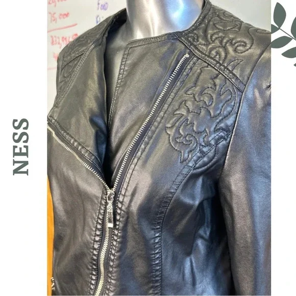 Ness Vegan Leather  Motorcycle Moto Jacket Lined Quilted Floral Black Size Small - Picture 5 of 7